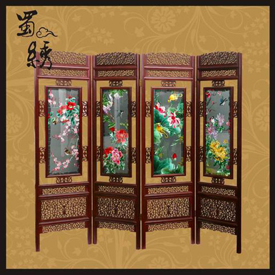 蜀绣四折大屏花鸟